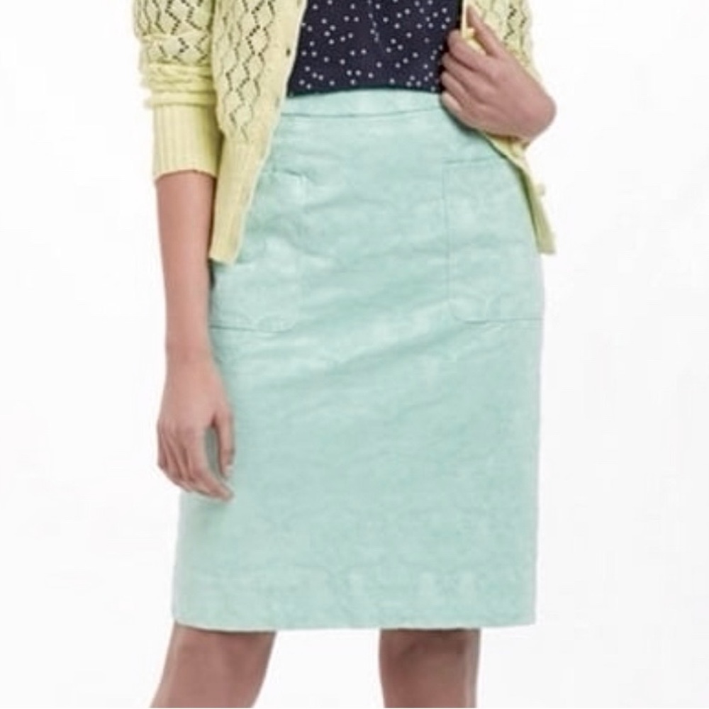 Moulinette Souers Anthropologie Mint Green Pencil Skirt Brocade Look Zip Size 0